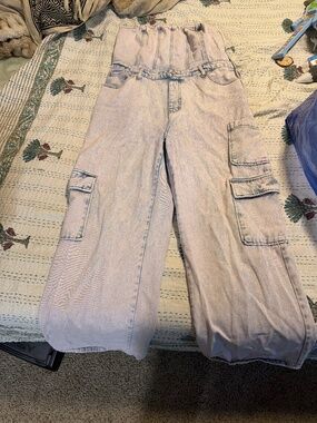 Wild Fable Denim Cargo Jumpsuit Women’s Large Strapless Wide Leg Light Wash